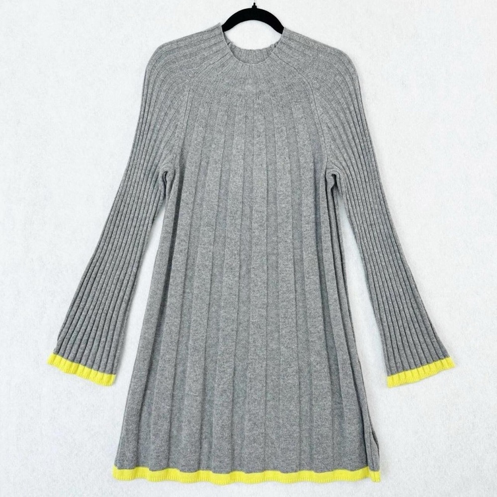Anthropologie Arsenau Sweater Dress Small Gray Yellow Bell Sleeves Wool Blend